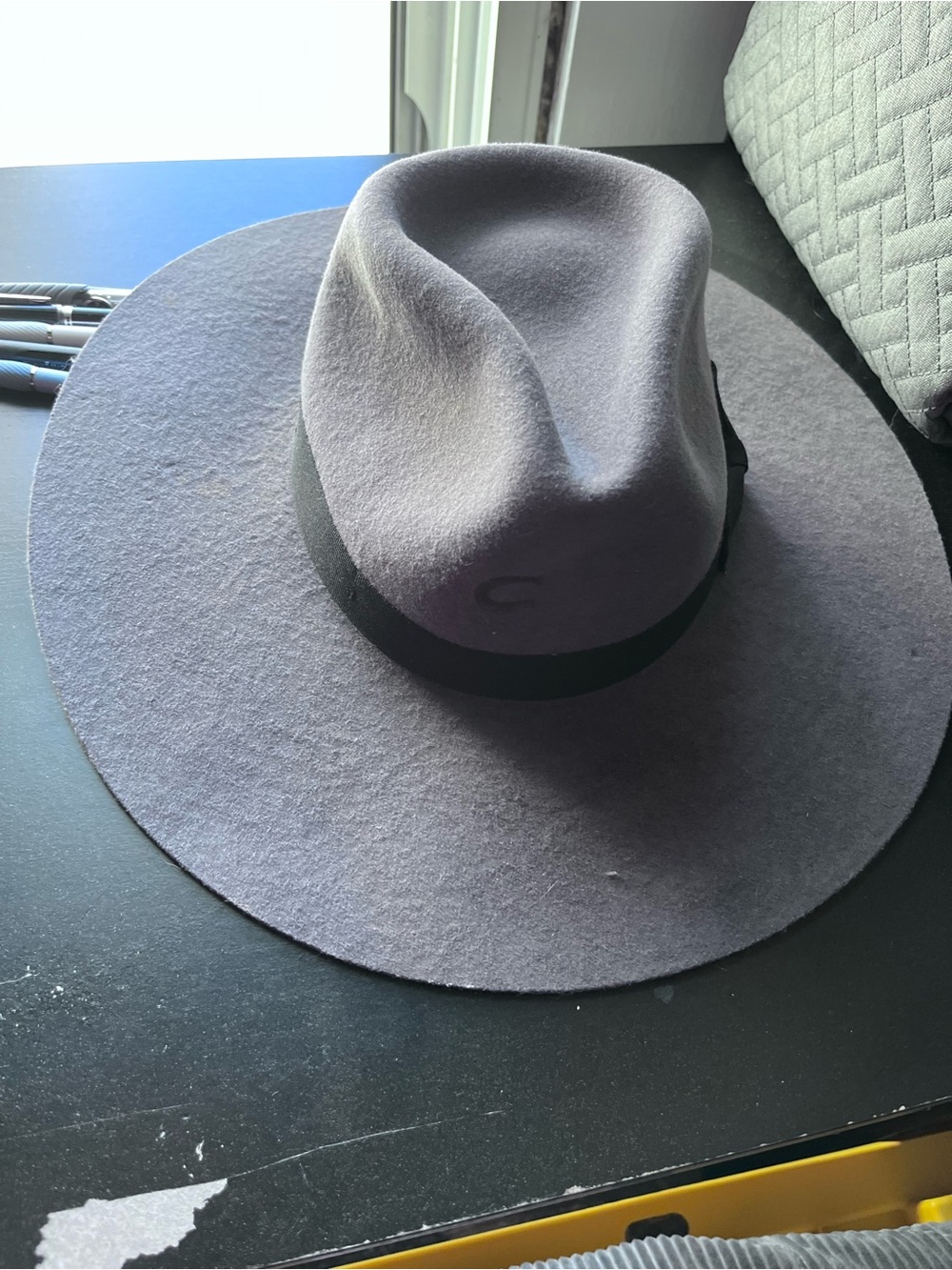 Gray Wool Wide-Brim Fedora Hat with Black Band